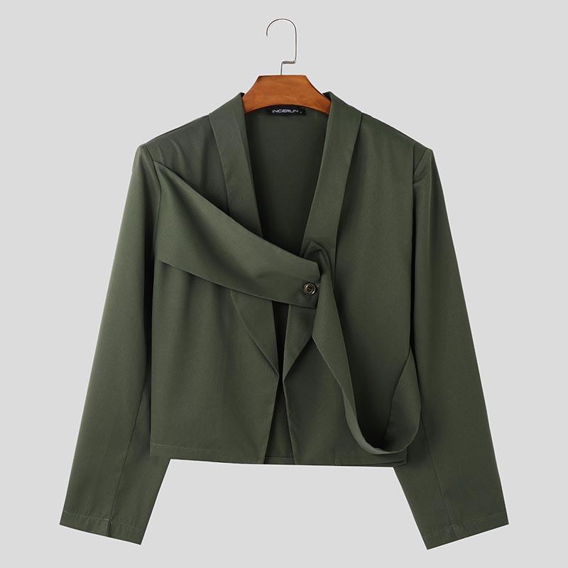 INCERUN Мужские длинные рукава спереди крест-накрест пэчворк открытый спереди короткий пиджак пальто зелёный