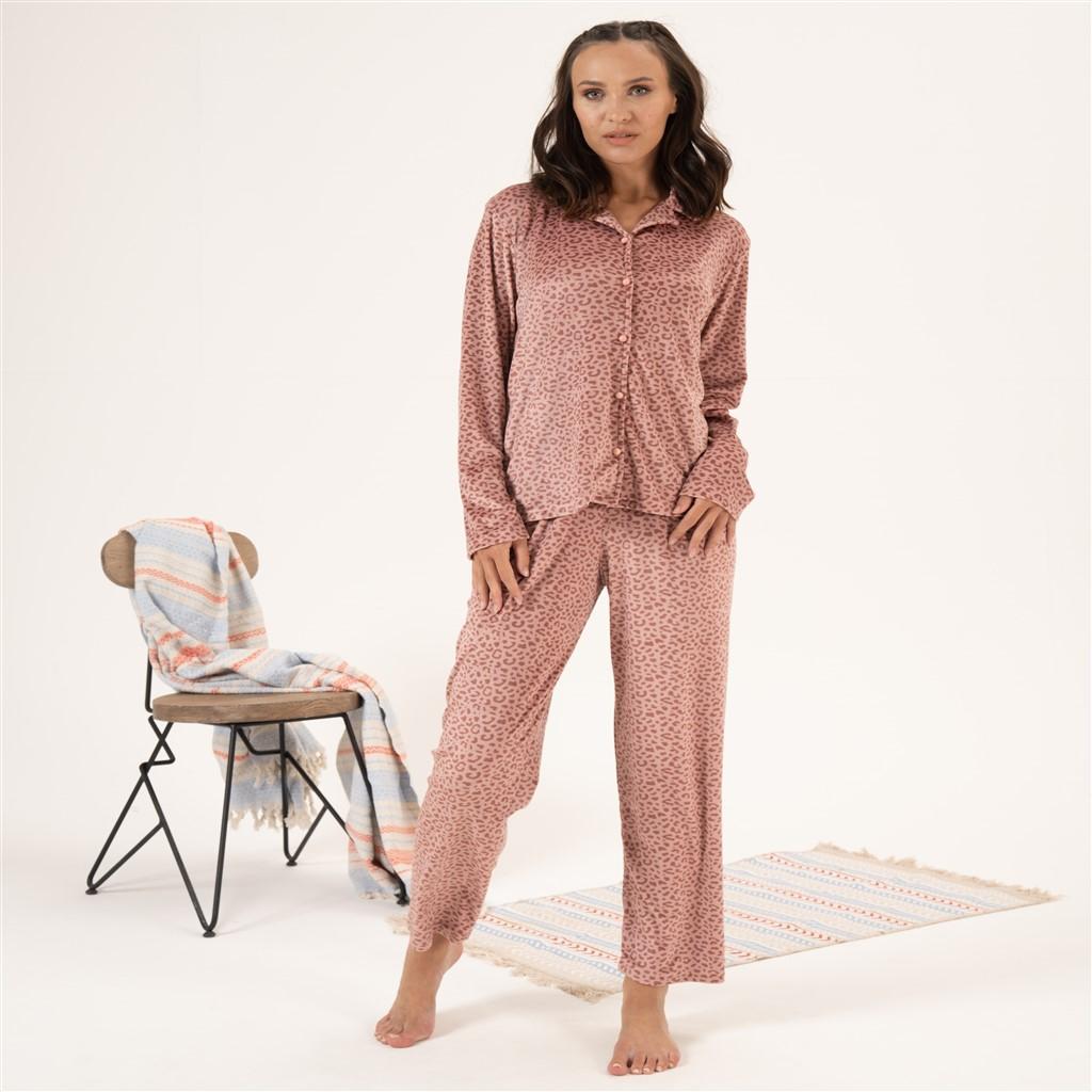 Бархатный женский пижамный комплект с узором Estiva спереди и пуговицами спереди